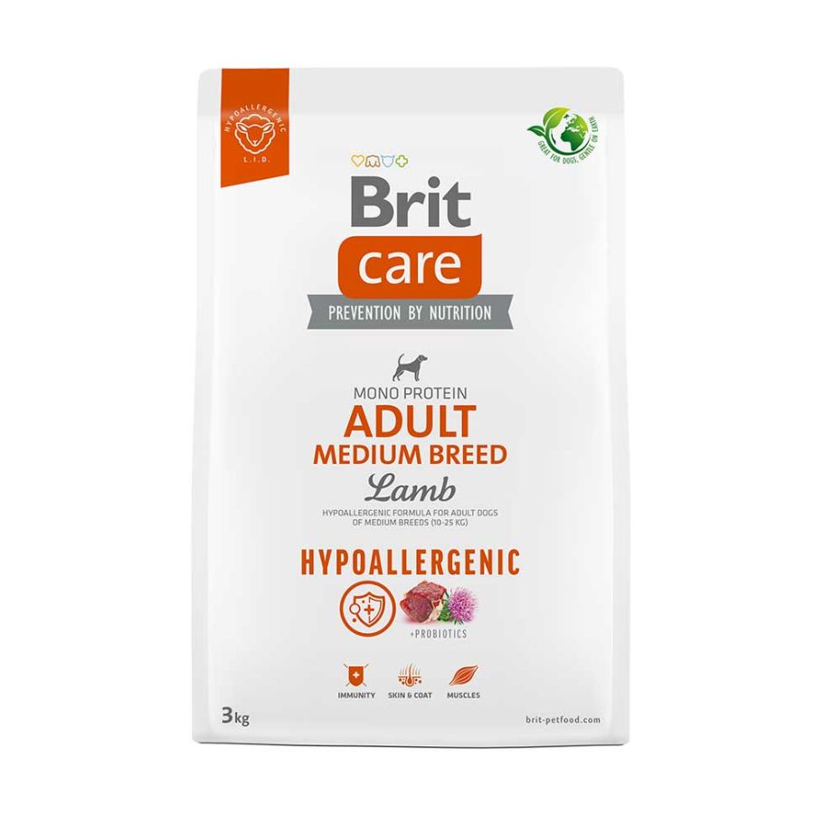 Brit Care Hypoallergenic Adult Medium Breed Cordero 3KG 🐑💚, alimento hipoalergénico para perros medianos, ideal para digestión sensible, piel sana y energía equilibrada.