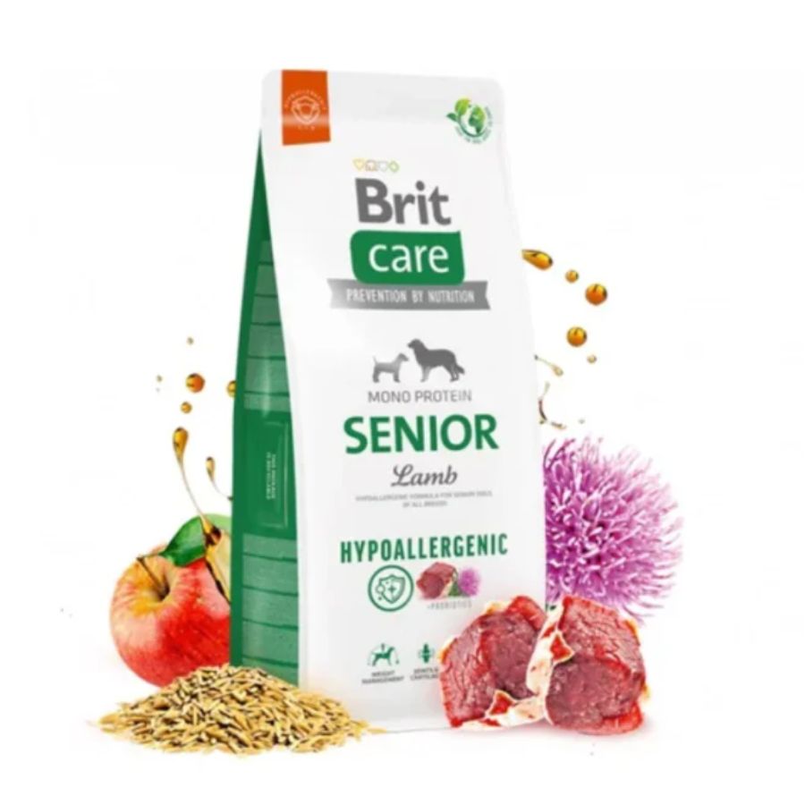 Brit Care Hypoallergenic Senior Cordero 3KG 🐑💚, alimento hipoalergénico para perros mayores, con soporte articular, protección cardíaca y digestión saludable.
