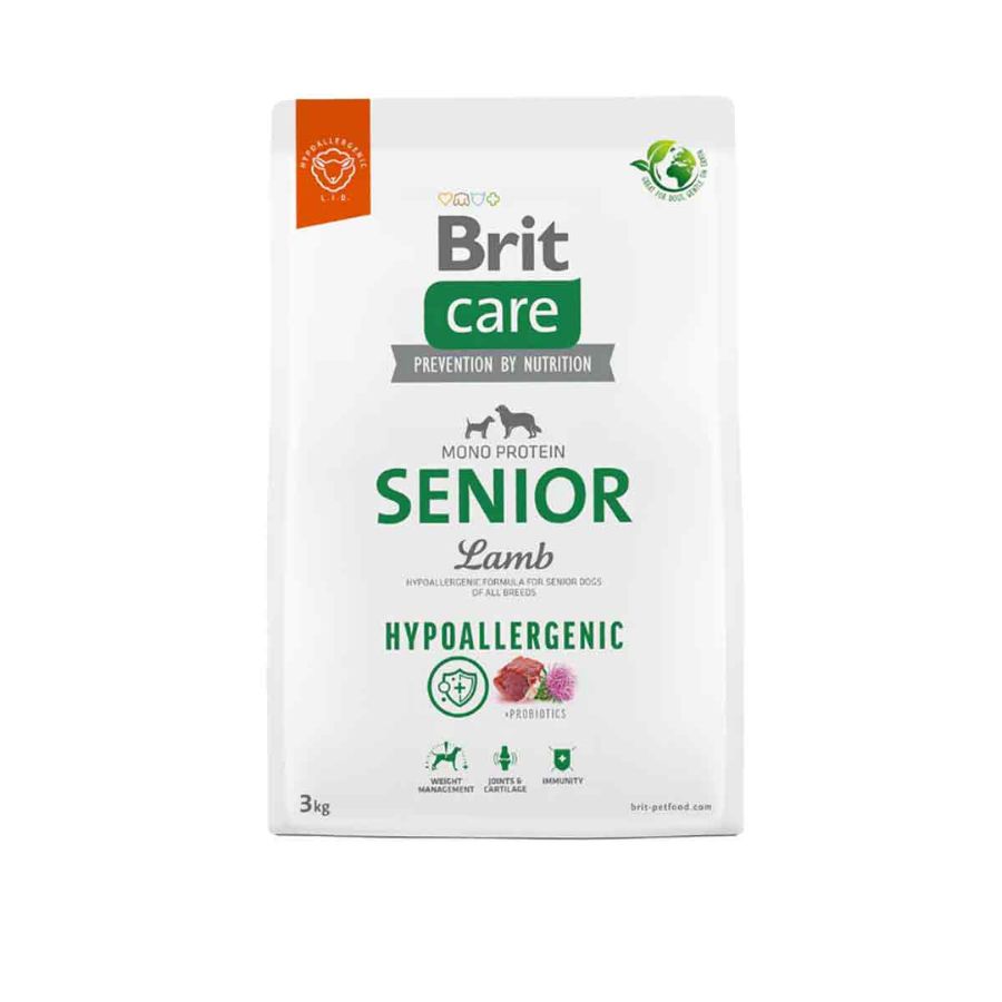 Brit Care Hypoallergenic Senior Cordero 3KG 🐑💚, alimento hipoalergénico para perros mayores, con soporte articular, protección cardíaca y digestión saludable.