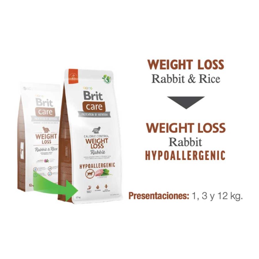 Brit Care Hypoallergenic Weight Loss Conejo alimento hipoalergénico y bajo en grasa para perros con sobrepeso, con proteína de conejo y arroz.
