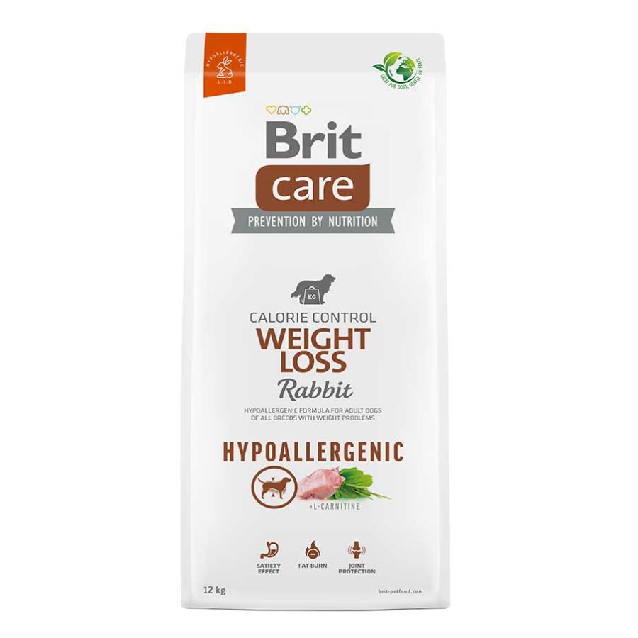 Brit Care Hypoallergenic Weight Loss Conejo alimento hipoalergénico y bajo en grasa para perros con sobrepeso, con proteína de conejo y arroz.