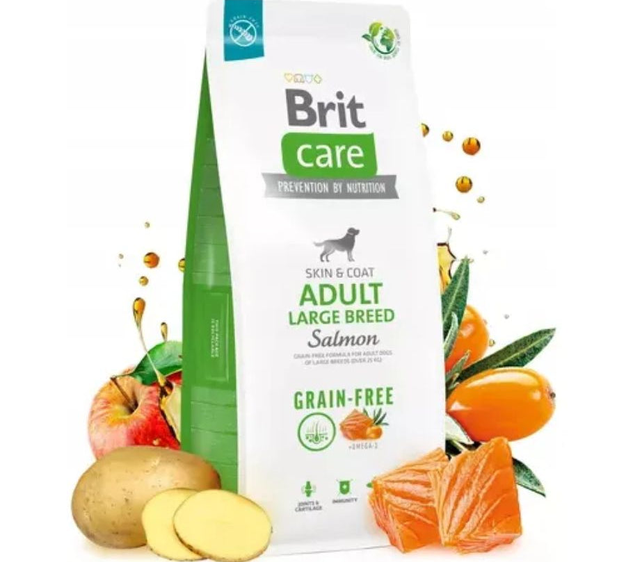 Brit Care Dog Grain-free Adult Large Breed Salmón cuida articulaciones y piel, ideal para perros grandes. Alta digestibilidad y sin granos.