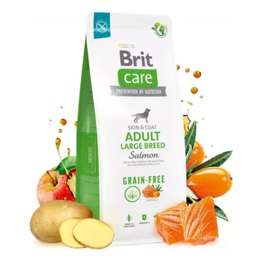 Brit Care Dog Grain-free Adult Large Breed Salmón cuida articulaciones y piel, ideal para perros grandes. Alta digestibilidad y sin granos.