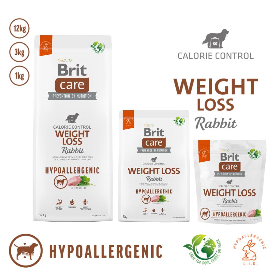 Brit Care Hypoallergenic Weight Loss Conejo 3kg alimento hipoalergénico y bajo en grasa para perros con sobrepeso, con proteína de conejo y arroz. B-Pets