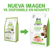 Brit Care Gato Grain Free Senior Weight Control 2kg controla el peso, cuida el sistema urinario y mejora la digestión en gatos mayores de 7 años.