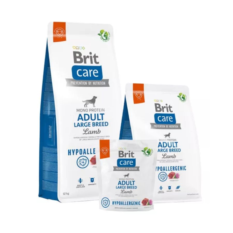 Brit Care Hypoallergenic Adult Large Breed Cordero 12KG 🐶🐑, alimento hipoalergénico para perros grandes, refuerza articulaciones, inmunidad y protege la digestión.