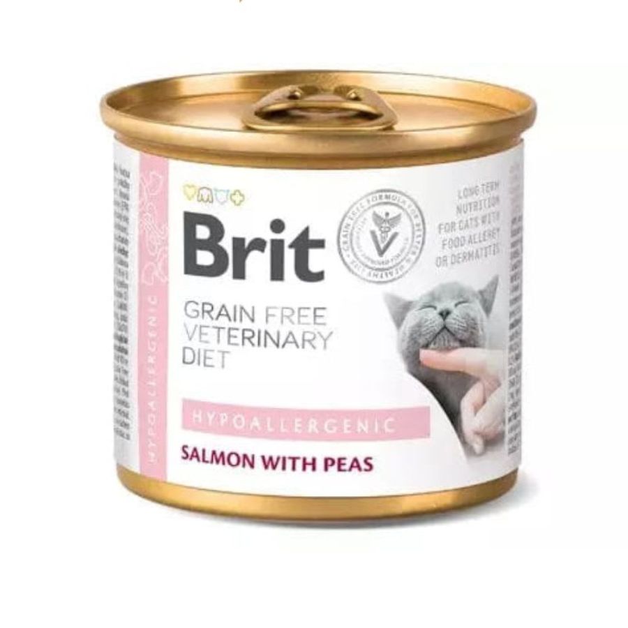 Brit Hypoallergenic Gato Lata 200Gr 🐱, alimento monoproteico y sin cereales para gatos sensibles, ideal para piel, pelaje y digestión.