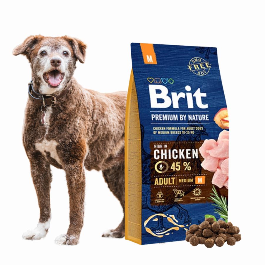Brit Premium by Nature Adult M, con 45 % de pollo, omega-3 y hierbas funcionales. Mejora la digestión, la inmunidad y el pelaje de tu perro.