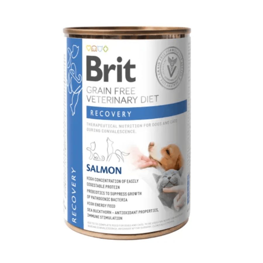 Brit Recovery Lata 400Gr 🐶🐱, alimento húmedo para perros y gatos en recuperación. Alta digestibilidad, energía y prebióticos para una recuperación óptima.