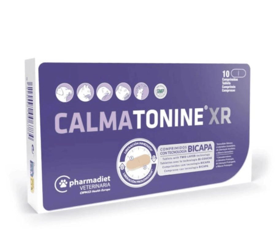 Calmatonine XR Caja 120 unidades reduce estrés y ansiedad en perros y gatos con una fórmula natural y tecnología XR bicapa de liberación prolongada. B-Pets