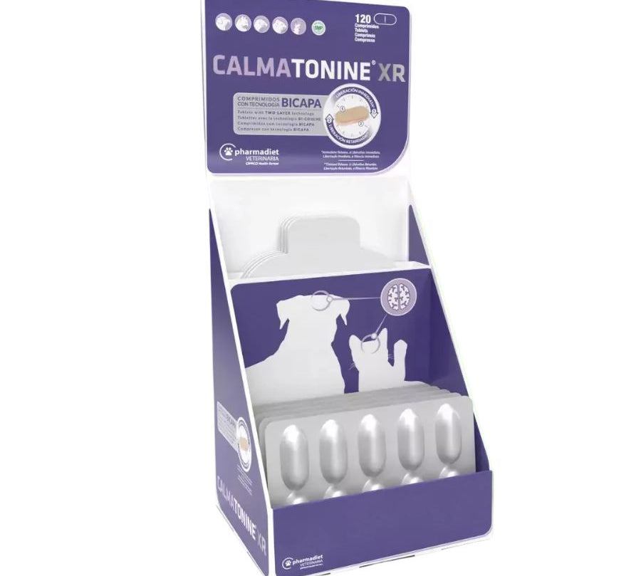 Calmatonine XR Caja 120 unidades reduce estrés y ansiedad en perros y gatos con una fórmula natural y tecnología XR bicapa de liberación prolongada. B-Pets