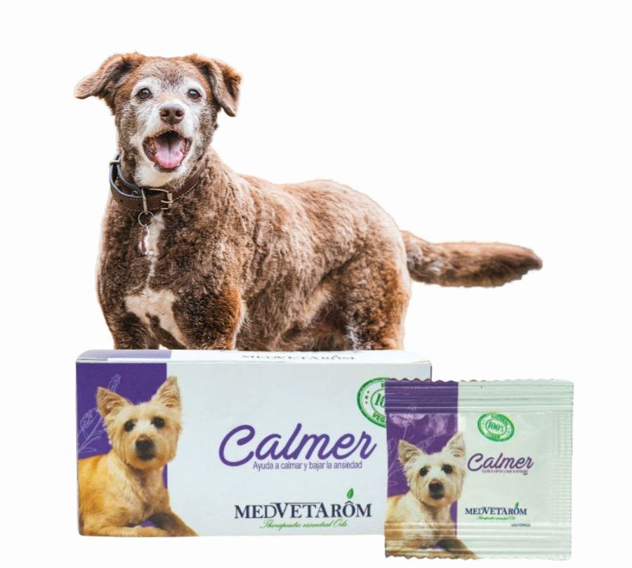 Caja Calmer para Perros y Gatos mezcla de aceites esenciales con efecto relajante en 30 min. Ideal para reducir ansiedad y estrés.