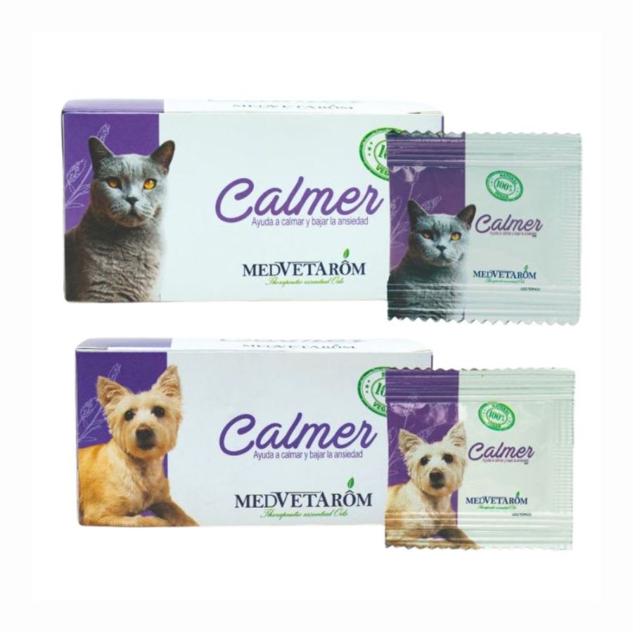 Caja Calmer para Perros y Gatos mezcla de aceites esenciales con efecto relajante en 30 min. Ideal para reducir ansiedad y estrés.