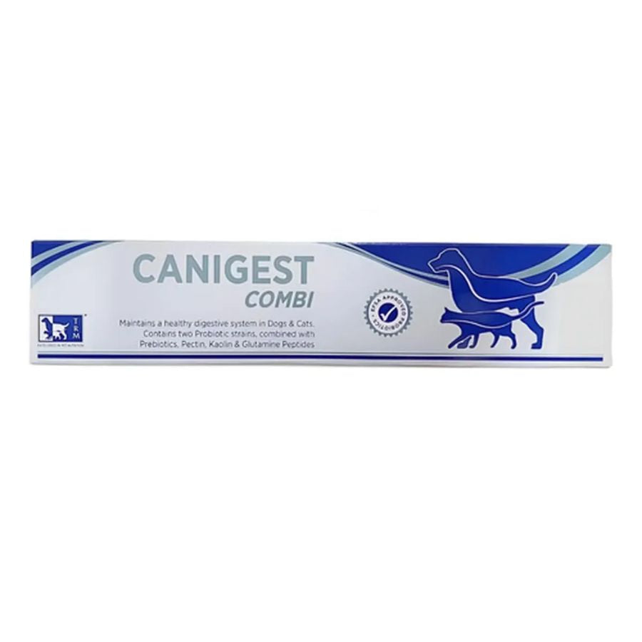 Envase de Canigest Combi probiótico 32 ml para perros y gatos de TRM, vista frontal de la caja