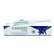 Jeringa dosificadora de Canigest Combi 64 ml apoyada sobre su caja, contenido completo del envase