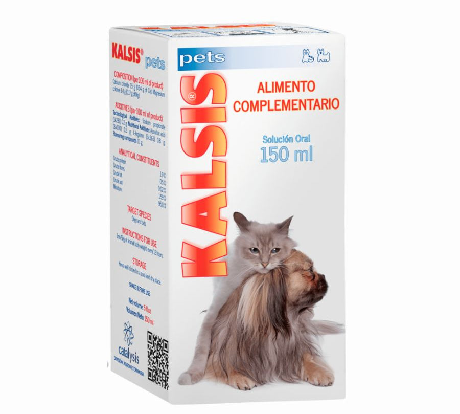 Catalysis Kalsis Pets 150ml mejora la salud ósea de perros y gatos, ideal para fracturas y dolencias óseas. Alta palatabilidad y fórmula antioxidante.