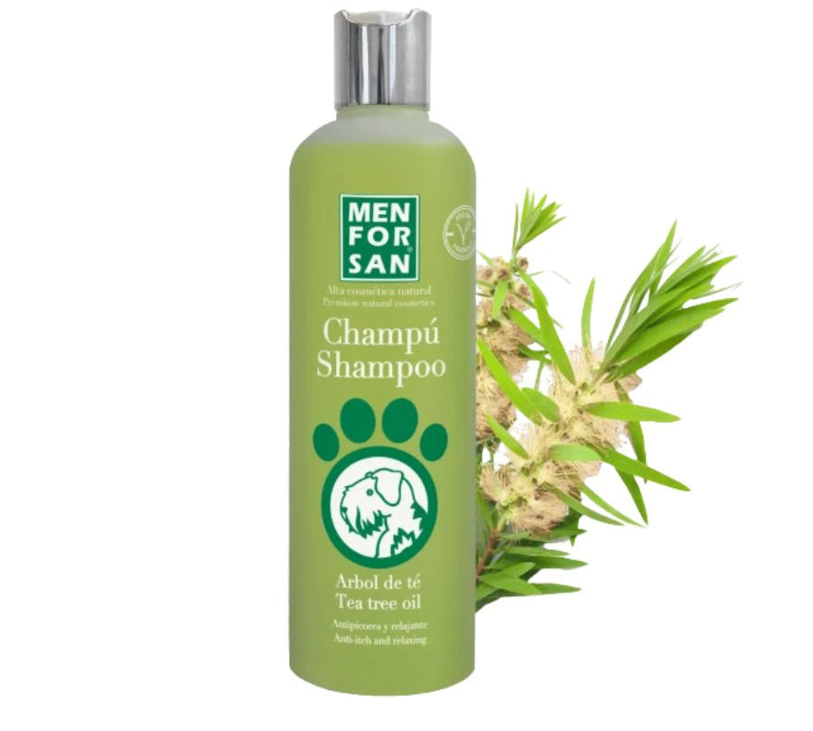 Champú Antiséptico con Árbol del Té para Perros Men for San, calma picores e irritaciones, con acción antifúngica y antibacteriana para una piel sana.