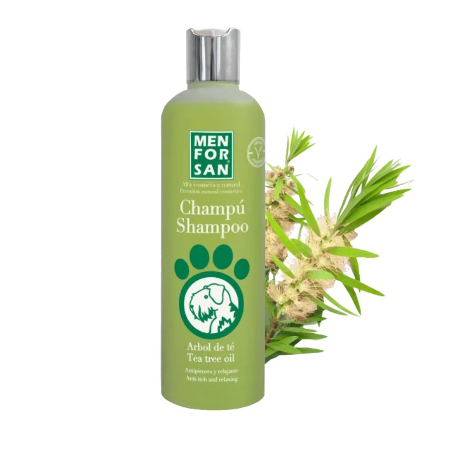 Champú Antiséptico con Árbol del Té para Perros Men for San, calma picores e irritaciones, con acción antifúngica y antibacteriana para una piel sana.