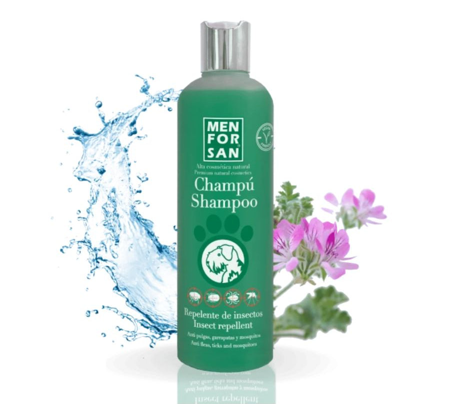 Champú Repelente de Insectos para Perros Men for San, con citronela y geraniol, limpia y protege de pulgas, garrapatas y mosquitos de forma natural.