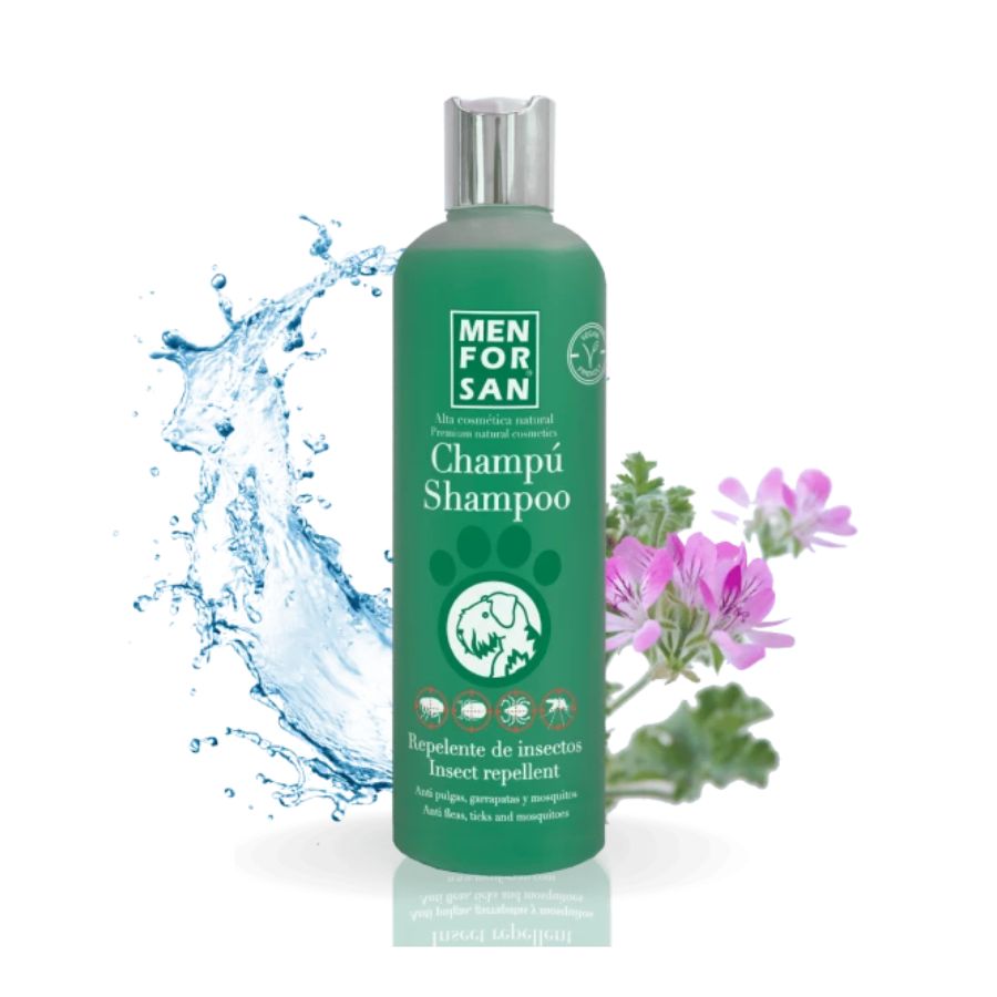 Champú Repelente de Insectos para Perros Men for San, con citronela y geraniol, limpia y protege de pulgas, garrapatas y mosquitos de forma natural.