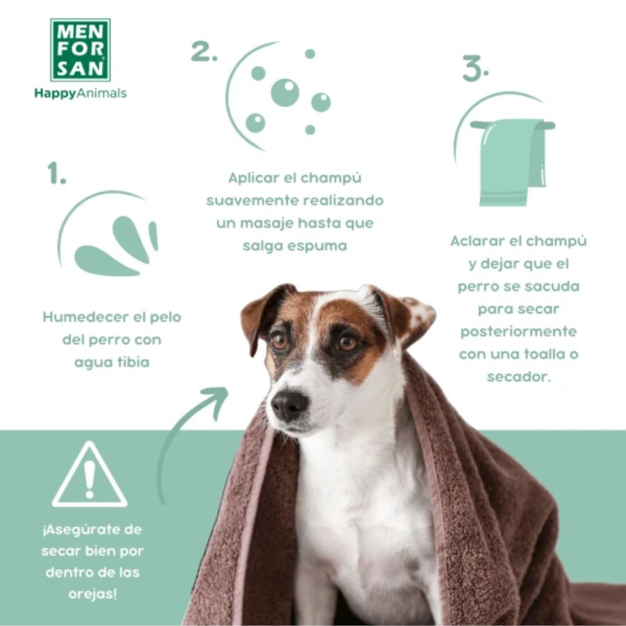 Champú Repelente de Insectos para Perros Men for San, con citronela y geraniol, limpia y protege de pulgas, garrapatas y mosquitos de forma natural.