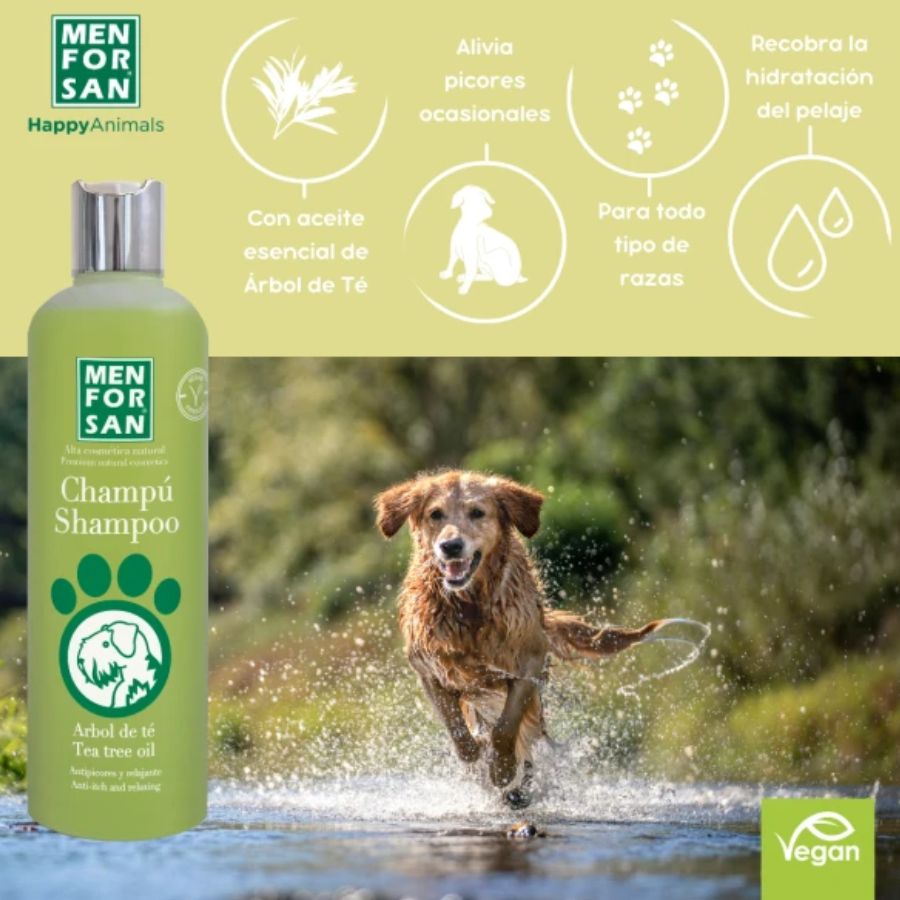 Champú Antiséptico con Árbol del Té para Perros Men for San, calma picores e irritaciones, con acción antifúngica y antibacteriana para una piel sana.