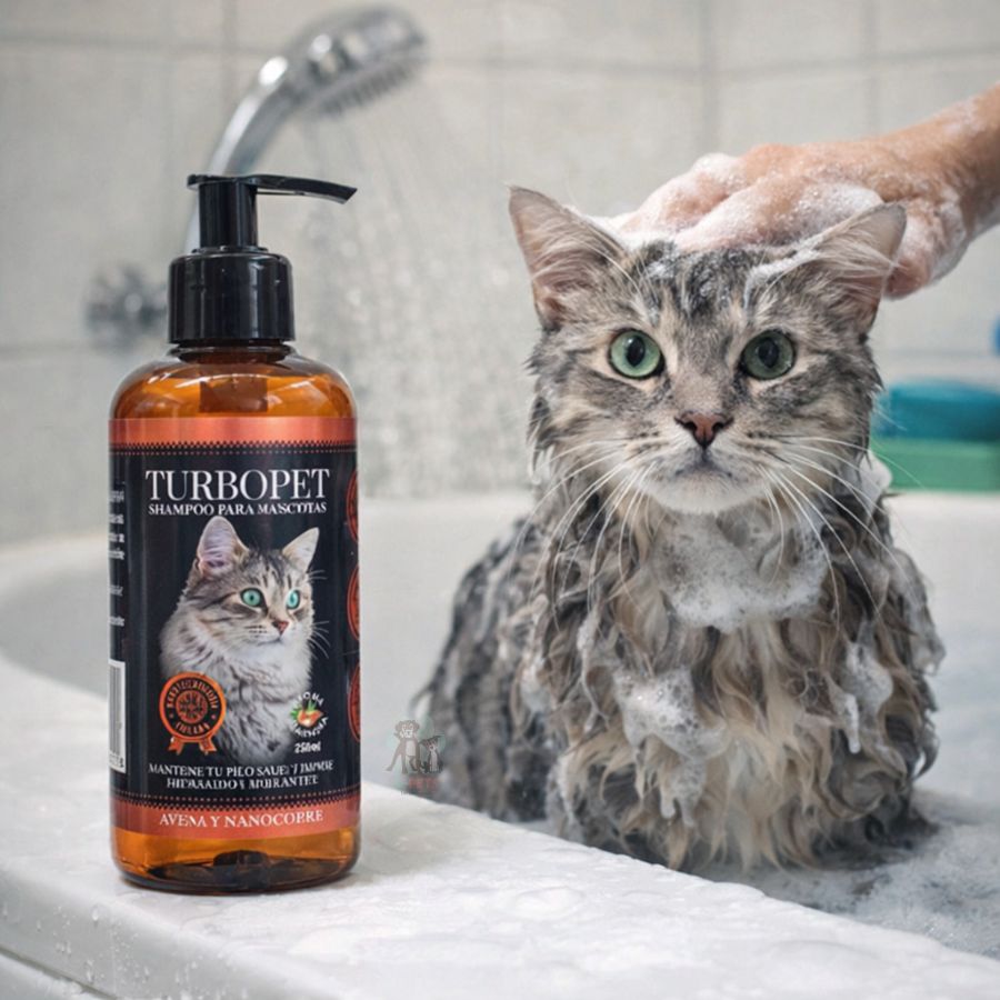 Shampoo para Gatos TurboPet 250ml con avena y nanocobre, limpia a profundidad, elimina patógenos y deja un aroma duradero a almendra.