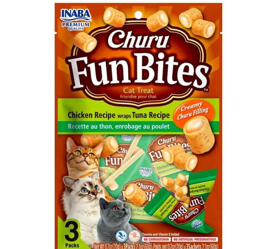Churu Fun Bites Atún para Gatos, bocaditos horneados con relleno cremoso. Sin cereales, colorantes ni conservantes. Alto en humedad y bajo en calorías.