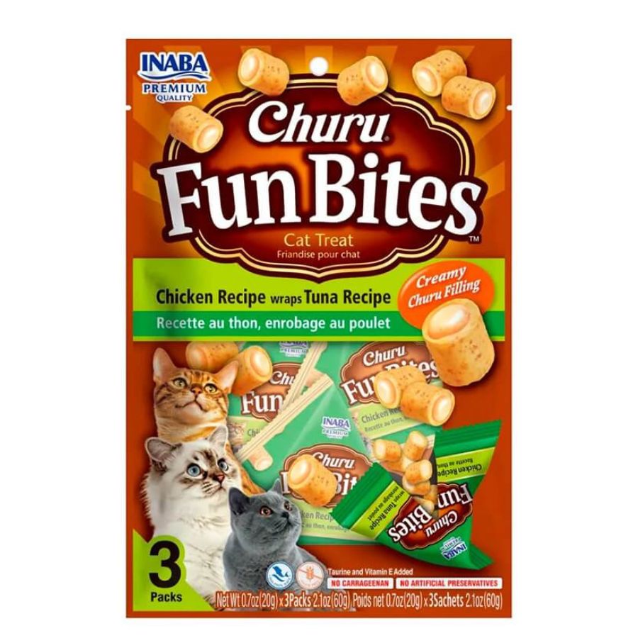 Churu Fun Bites Atún para Gatos, bocaditos horneados con relleno cremoso. Sin cereales, colorantes ni conservantes. Alto en humedad y bajo en calorías.