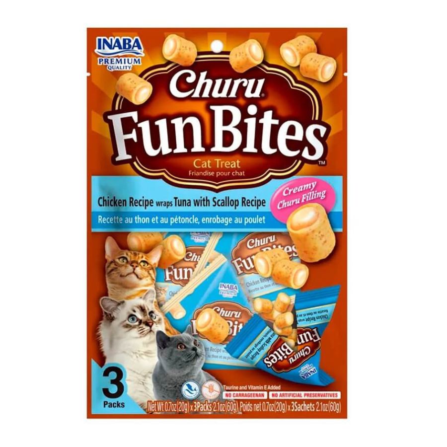 Churu Fun Bites Atún y Ostiones para Gatos, bocaditos horneados con relleno cremoso. Sin cereales, colorantes ni conservantes. Alto en humedad y bajo en calorías. 🐱✨