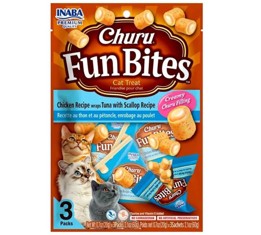 Churu Fun Bites Atún y Ostiones para Gatos, bocaditos horneados con relleno cremoso. Sin cereales, colorantes ni conservantes. Alto en humedad y bajo en calorías. 🐱✨