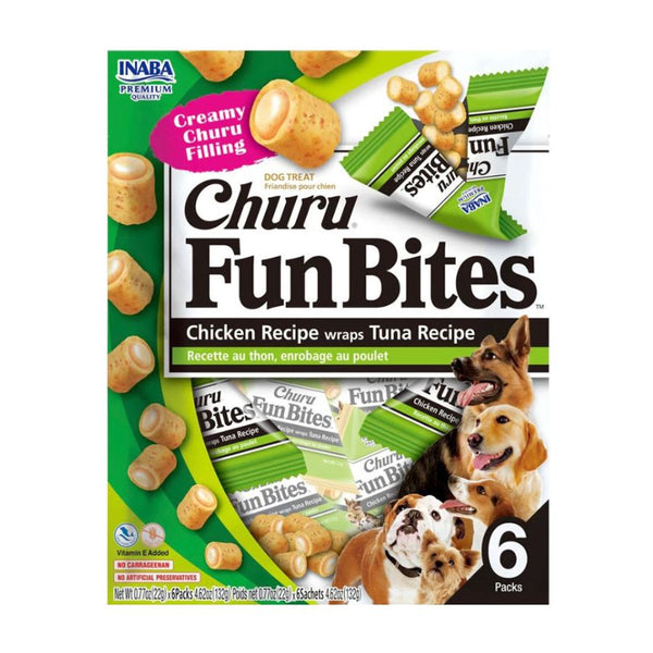 Churu Fun Bites Pollo con Atún para Perro, bocaditos horneados con doble textura y relleno cremoso. Sin granos, colorantes ni conservantes.