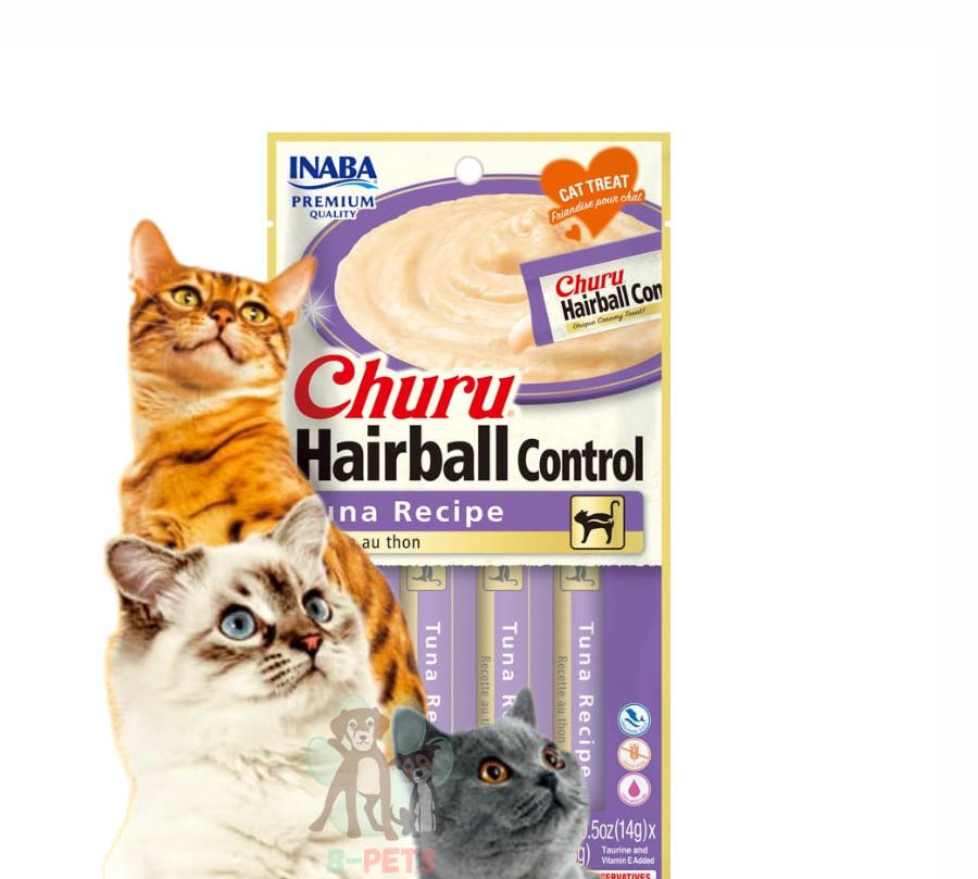 Churu Hairball Control Sabor Atún ayuda a prevenir bolas de pelo con una fórmula cremosa, libre de granos y aditivos, ideal para la salud digestiva felina.