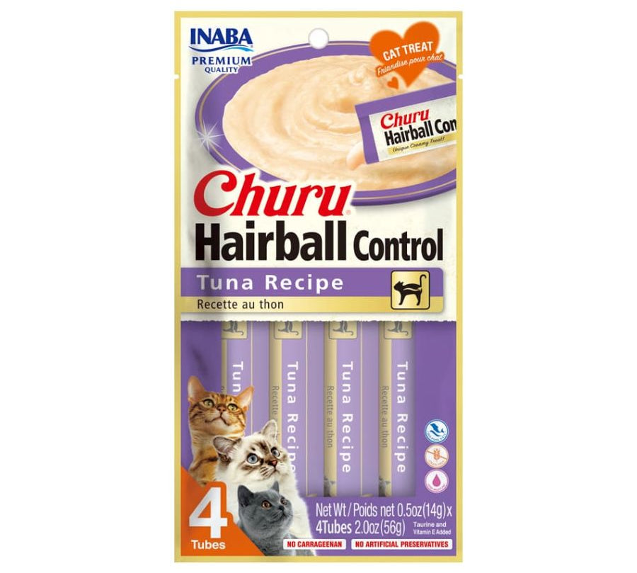 Churu Hairball Control Sabor Atún ayuda a prevenir bolas de pelo con una fórmula cremosa, libre de granos y aditivos, ideal para la salud digestiva felina.