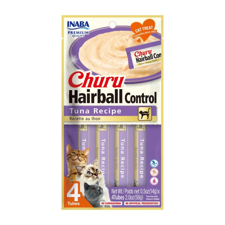 Churu Hairball Control Sabor Atún ayuda a prevenir bolas de pelo con una fórmula cremosa, libre de granos y aditivos, ideal para la salud digestiva felina.