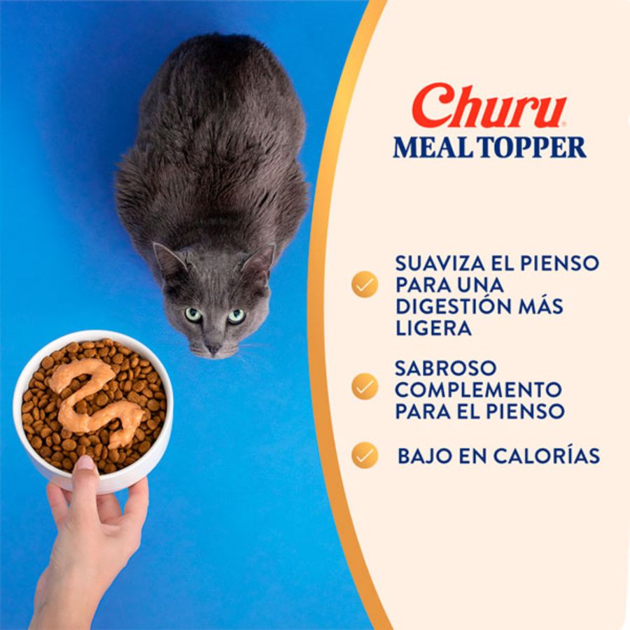 Churu Meal Topper Sabor Pollo, alimento húmedo completo para gatos, textura cremosa, sin granos, y con 85% de humedad para una mejor hidratación.