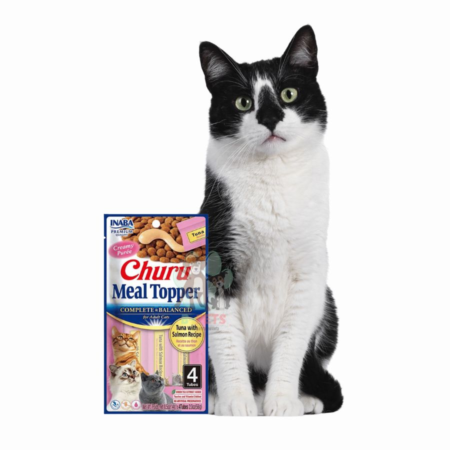 Churu Meal Topper Sabor Atún y Salmón, alimento completo y cremoso para gatos, con alta palatabilidad y 85% de humedad para una mejor hidratación.