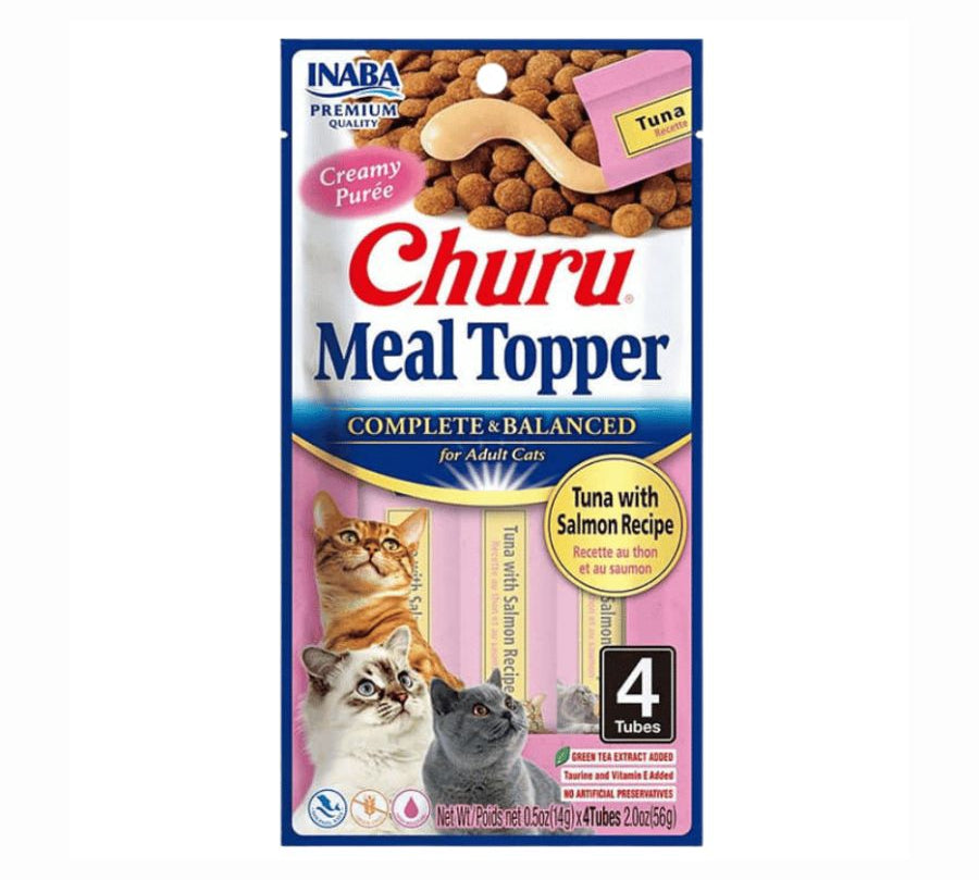 Churu Meal Topper Sabor Atún y Salmón, alimento completo y cremoso para gatos, con alta palatabilidad y 85% de humedad para una mejor hidratación.
