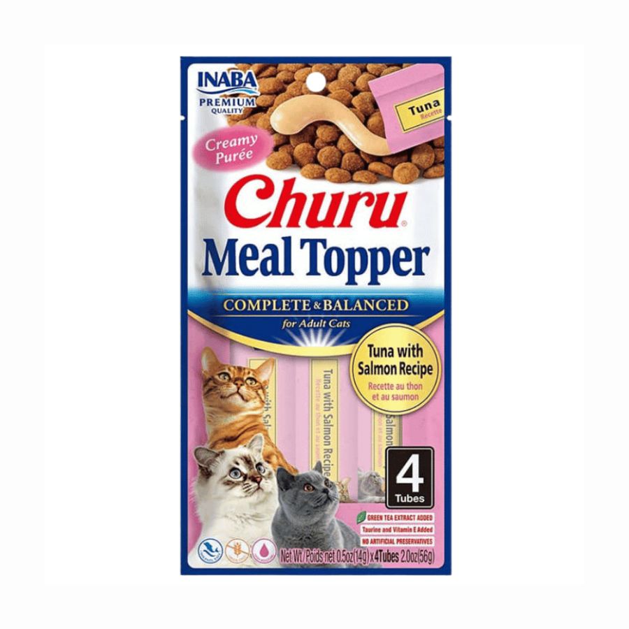 Churu Meal Topper Sabor Atún y Salmón, alimento completo y cremoso para gatos, con alta palatabilidad y 85% de humedad para una mejor hidratación.
