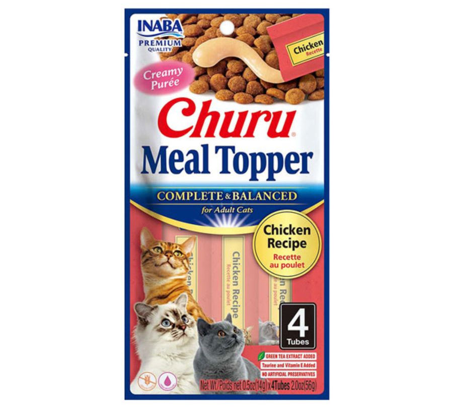 Churu Meal Topper Sabor Pollo, alimento húmedo completo para gatos, textura cremosa, sin granos, y con 85% de humedad para una mejor hidratación.