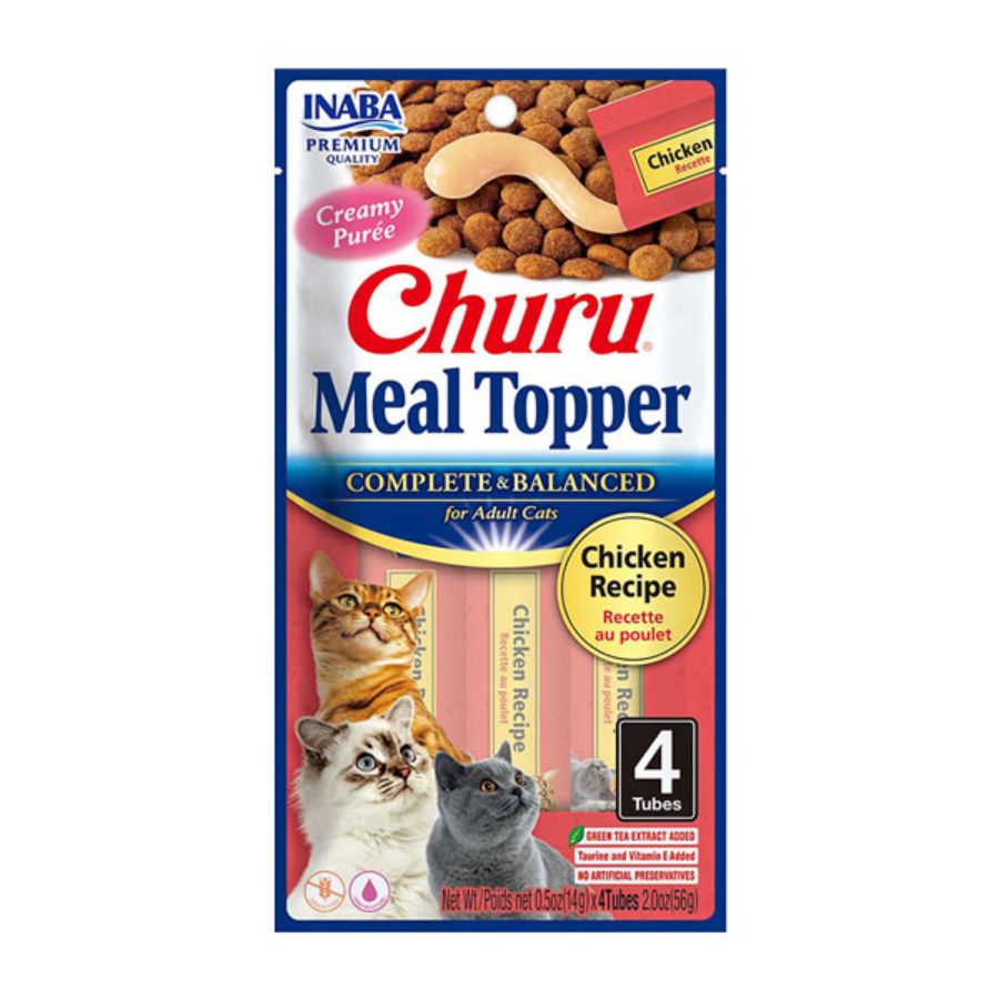 Churu Meal Topper Sabor Pollo, alimento húmedo completo para gatos, textura cremosa, sin granos, y con 85% de humedad para una mejor hidratación.