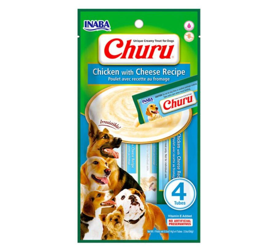Churu Perro Sabor Pollo y Queso es un snack cremoso con ingredientes de grado humano, sin granos ni aditivos. Ideal como premio para perros de todas las edades.