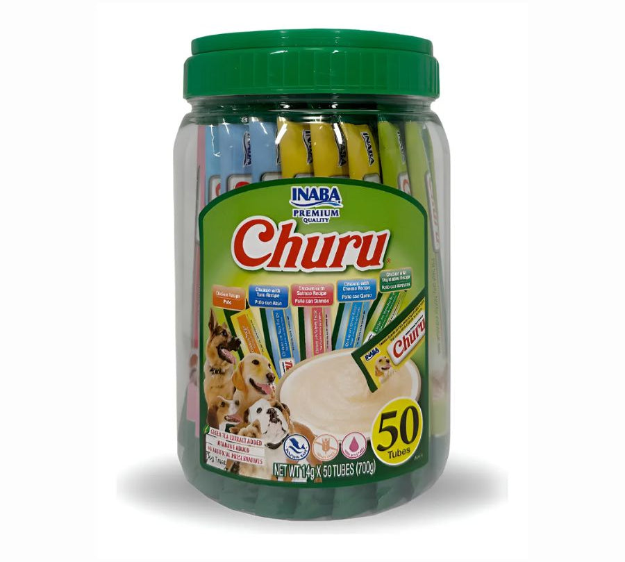 Snack Húmedo Para Perro Churu 50 Tubos Pollo Variedades, bajo en calorías y con ingredientes naturales. Ideal como premio, topping o hidratante diario.