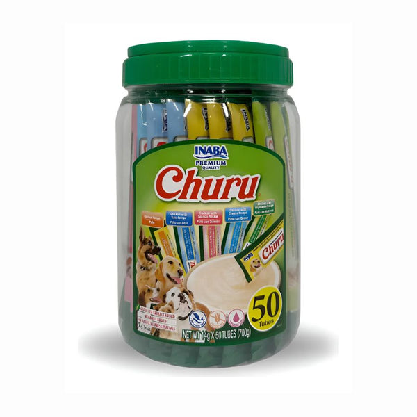 Snack Húmedo Para Perro Churu 50 Tubos Pollo Variedades, bajo en calorías y con ingredientes naturales. Ideal como premio, topping o hidratante diario.