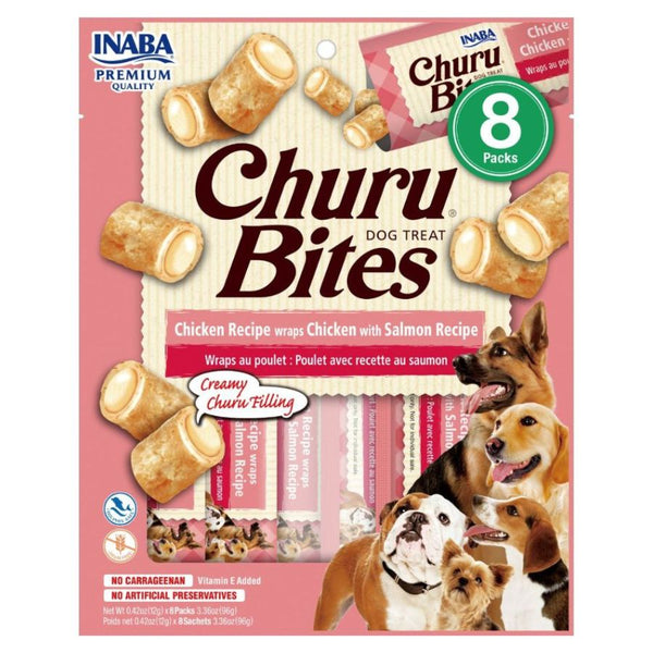 Churu Bites Pollo y Salmón para Perros: Bocados semi-húmedos con pollo y relleno de salmón, perfectos para entrenamiento. Bajo en calorías, sin cereales ni conservantes.