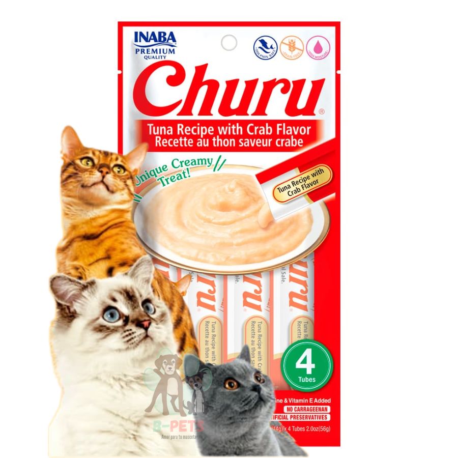 Churu Sabor Atún y Cangrejo es un snack cremoso y saludable para gatos, con ingredientes de grado humano, sin granos ni aditivos artificiales.
