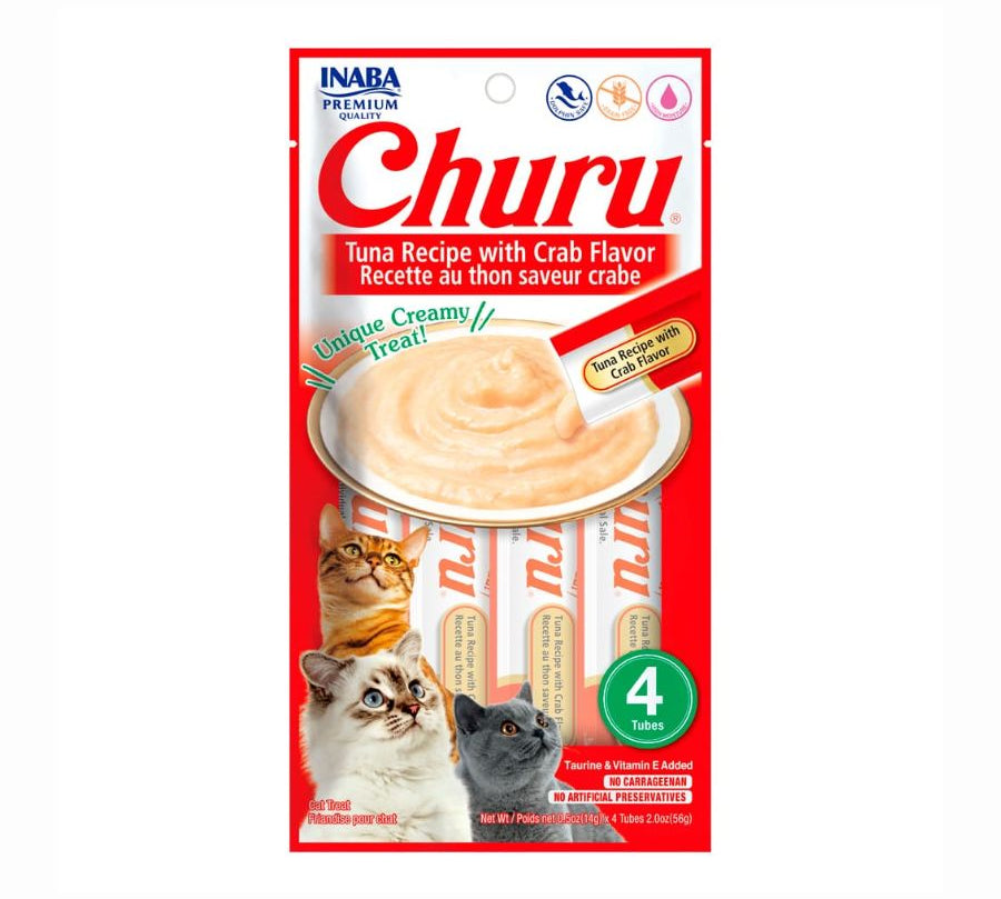 Churu Sabor Atún y Cangrejo es un snack cremoso y saludable para gatos, con ingredientes de grado humano, sin granos ni aditivos artificiales.