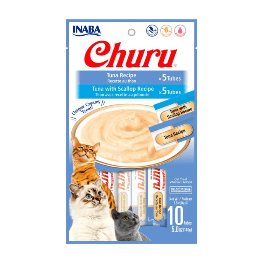 Inaba Churu Variedades de Atún y Atún con Ostión, snack cremoso para gatos con taurina y antioxidantes. Ideal como premio o complemento diario.