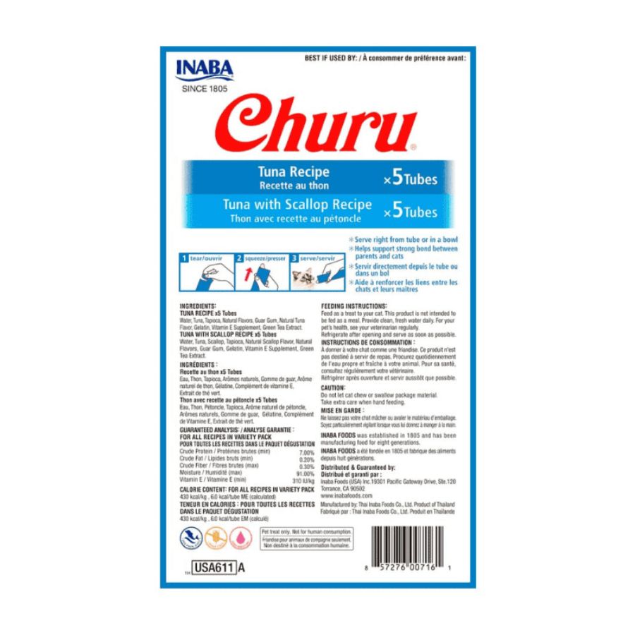 Inaba Churu Variedades de Atún y Atún con Ostión, snack cremoso para gatos con taurina y antioxidantes. Ideal como premio o complemento diario.