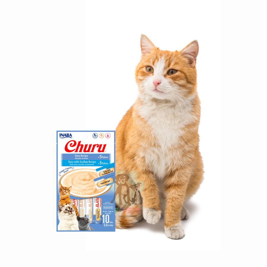 Inaba Churu Variedades de Atún y Atún con Ostión, snack cremoso para gatos con taurina y antioxidantes. Ideal como premio o complemento diario.